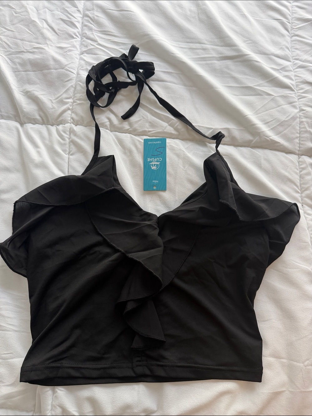 Cupshe Black Ruffle Halter Crop Top -